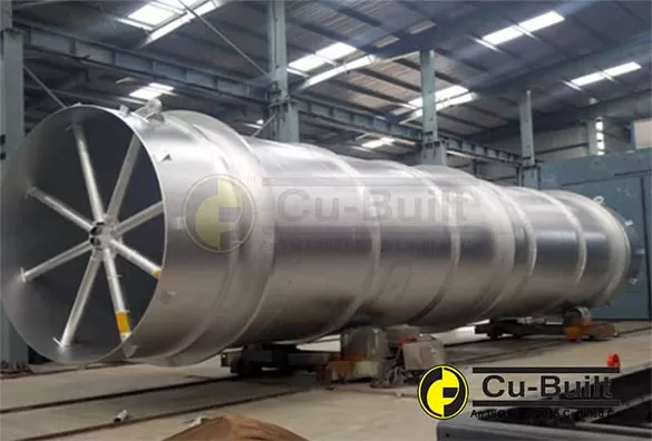 Large cylindrical industrial vessel on welding rotators for heavy fabrication and tank manufacturing