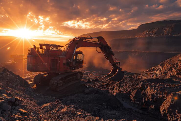 Heavy mining equipment operating at industrial mining site with excavator and earthmoving machinery