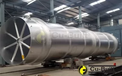 Large cylindrical industrial vessel on welding rotators for heavy fabrication and tank manufacturing